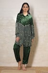 Buy_Sheeshakari_Green Silk Embroidery, Mirrors Collared Ajrakh Hand Print And Shirt Pant Set _at_Aza_Fashions