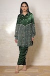 Shop_Sheeshakari_Green Silk Embroidery, Mirrors Collared Ajrakh Hand Print And Shirt Pant Set _Online_at_Aza_Fashions