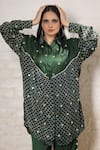 Sheeshakari_Green Silk Embroidery, Mirrors Collared Ajrakh Hand Print And Shirt Pant Set _at_Aza_Fashions