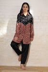 Sheeshakari_Black Silk Embroidery, Mirrors Collared Ajrakh Hand Print And Shirt Pant Set _Online_at_Aza_Fashions