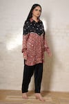 Sheeshakari_Black Silk Embroidery, Mirrors Collared Ajrakh Hand Print And Shirt Pant Set _at_Aza_Fashions