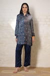 Buy_Sheeshakari_Blue Silk Embroidery, Stones Collared Ajrakh Hand Print And Shirt Pant Set _at_Aza_Fashions