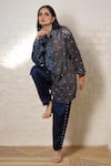 Sheeshakari_Blue Silk Embroidery, Stones Collared Ajrakh Hand Print And Shirt Pant Set _at_Aza_Fashions
