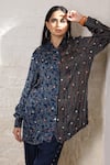 Shop_Sheeshakari_Blue Silk Embroidery, Stones Collared Ajrakh Hand Print And Shirt Pant Set 