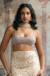 SAANJH BY LEA_Taupe Mesh, Satin Mirrors, Sequins, Alfiya Rhinestone-embellished Skirt Set _Online_at_Aza_Fashions