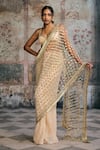 Buy_SAANJH BY LEA_Gold Organza Mirrors, Sayra Embellished Pre-draped Saree With Blouse _Online_at_Aza_Fashions