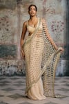 Buy_SAANJH BY LEA_Gold Organza Mirrors, Sayra Embellished Pre-draped Saree With Blouse _at_Aza_Fashions