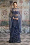 SAANJH BY LEA_Blue Mesh, Satin Rhinestones, Sequins, Stones Layra Hand Embellished Lehenga Set _at_Aza_Fashions