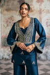 SAANJH BY LEA_Blue Velvet, Silk, Organza Embroidery, Ambar Hand-embroidered Kurta Set _Online_at_Aza_Fashions