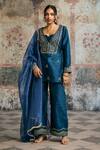Buy_SAANJH BY LEA_Blue Velvet, Silk, Organza Embroidery, Ambar Hand-embroidered Kurta Set _at_Aza_Fashions