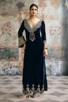 Buy_SAANJH BY LEA_Blue Velvet Embroidery, Sequins, Beads Nayla Hand-embroidered Kaftan And Pant Set _at_Aza_Fashions