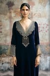 Shop_SAANJH BY LEA_Blue Velvet Embroidery, Sequins, Beads Nayla Hand-embroidered Kaftan And Pant Set _Online_at_Aza_Fashions
