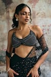 SAANJH BY LEA_Black Satin, Georgette, Mesh Rhinestones, Aliara Pre-draped Saree With Blouse_Online_at_Aza_Fashions