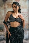 Shop_SAANJH BY LEA_Black Satin, Georgette, Mesh Rhinestones, Aliara Pre-draped Saree With Blouse_Online_at_Aza_Fashions