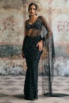 SAANJH BY LEA_Black Satin, Georgette, Mesh Rhinestones, Aliara Pre-draped Saree With Blouse_at_Aza_Fashions