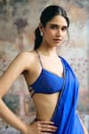 SAANJH BY LEA_Blue Satin, Spandex Rhinestones Halter Neck Naina Pre-draped Saree With Blouse _Online_at_Aza_Fashions