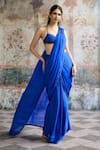 Buy_SAANJH BY LEA_Blue Satin, Spandex Rhinestones Halter Neck Naina Pre-draped Saree With Blouse _at_Aza_Fashions
