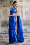 Shop_SAANJH BY LEA_Blue Satin, Spandex Rhinestones Halter Neck Naina Pre-draped Saree With Blouse _at_Aza_Fashions