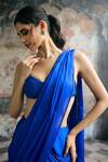 Buy_SAANJH BY LEA_Blue Satin, Spandex Rhinestones Halter Neck Naina Pre-draped Saree With Blouse _Online_at_Aza_Fashions