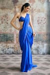 SAANJH BY LEA_Blue Satin, Spandex Rhinestones Halter Neck Naina Pre-draped Saree With Blouse _at_Aza_Fashions