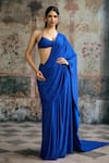 SAANJH BY LEA_Blue Spandex, Knit Rhinestones Halter Neck Neel Pre-draped Saree With Blouse _Online_at_Aza_Fashions