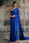 SAANJH BY LEA_Blue Spandex, Knit Rhinestones Halter Neck Neel Pre-draped Saree With Blouse _at_Aza_Fashions