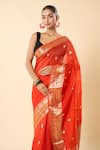 Mint N Oranges_Orange Organza Zari Floral Woven Saree With Unstitched Blouse Piece _Online_at_Aza_Fashions