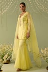Buy_Meesa_Yellow Organza Embroidery, Sequins, Beads Split V-neck Hand Sharara Set _Online_at_Aza_Fashions