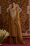 Buy_Meesa_Brown Chanderi Silk Embroidery, Mirrors Split V-neck Hand Kurta Set _at_Aza_Fashions