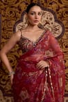 Meesa_Red Organza Foil Printing, Embroidery, Mirrors, Floral Saree With Blouse _Online_at_Aza_Fashions