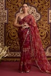 Buy_Meesa_Red Organza Foil Printing, Embroidery, Mirrors, Floral Saree With Blouse _at_Aza_Fashions
