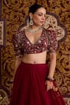 Shop_Meesa_Red Organza Embroidery, Beads, Tassels, Applique V-neck Lehenga Set _Online_at_Aza_Fashions