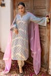 Buy_Maison Shefali_Blue Cotton, Kota Doria Patti Hand Block Print Dhari Kurta Salwar Set _at_Aza_Fashions