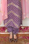 Maison Shefali Purple Cotton, Kota Doria Patti V-neck Hand Block Print Kurta Salwar Set at Aza Fashions Maison Shefali_Purple Cotton, Kota Doria Patti V-neck Hand Block Print Kurta Salwar Set _at_Aza_Fashions