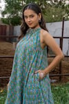 Buy_Maison Shefali_Green Cotton Gota Patti Halter Neck Block Printed Floral Ghera Dress _Online_at_Aza_Fashions