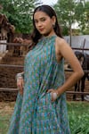 Shop_Maison Shefali_Green Cotton Gota Patti Halter Neck Block Printed Floral Ghera Dress _Online_at_Aza_Fashions