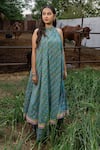Buy_Maison Shefali_Green Cotton Gota Patti Halter Neck Block Printed Floral Ghera Dress _at_Aza_Fashions