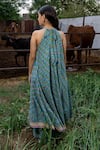 Maison Shefali_Green Cotton Gota Patti Halter Neck Block Printed Floral Ghera Dress _Online_at_Aza_Fashions