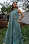 Maison Shefali_Green Cotton Gota Patti Halter Neck Block Printed Floral Ghera Dress _at_Aza_Fashions