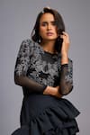 Buy_Deepika Arora_Black Net, Silk Embroidery, Stones, Ruffles Round Neck Top And Asymmetrical Skirt 