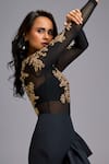 Deepika Arora_Black Net, Silk Embroidery, Ruffles Round Neck Gold Top And Skirt _at_Aza_Fashions