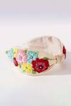 Shop_Hair Drama CO_Off White Beads, Fabric Flowers Peony Embellished Knotted Hairband _at_Aza_Fashions