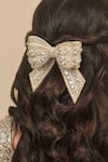 Hair Drama CO_Off White Crystals, Beads Embellished Hair Bow Barrette Clip _Online_at_Aza_Fashions