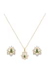 Shop Sica Jewellery Gold Plated Gemstones, Shreena Floral Motif Pendant Set With Chain And Earrings at Aza Fashions Shop_Sica Jewellery_Gold Plated Gemstones, Shreena Floral Motif Pendant Set With Chain And Earrings _at_Aza_Fashions