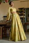 Buy_Ankita Dharman_Yellow Chanderi Tassels V-neck Sunshine Riya Lehenga Set_at_Aza_Fashions