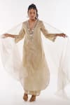 Ankita Dharman_Ivory Chanderi, Organza Mirrors V-neck Pearl Work Kaftan Set _Online_at_Aza_Fashions