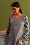 Buy_Kameez_Gray Chanderi, Cotton Gota Patti, Mirrors, Lace, Fringe Round Work Kurta Set _Online_at_Aza_Fashions