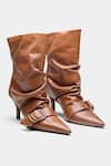 Buy_Oroh_Tan Buckles, Studs Itziar Ruched Pointed Toe Ankle Boots With _at_Aza_Fashions