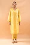 Shop_Neha Mehta Couture_Yellow Silk Embroidery V-neck Kurta And Pant Set _Online_at_Aza_Fashions