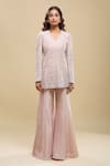 Mishru_Pink Embroidery, Lace V-neck Husna Kurta Bell Pant Set _Online_at_Aza_Fashions